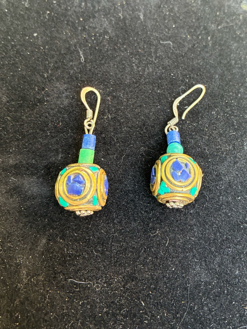 Tibetan Gold-Tone Lapis and Turquoise Drop Earrings